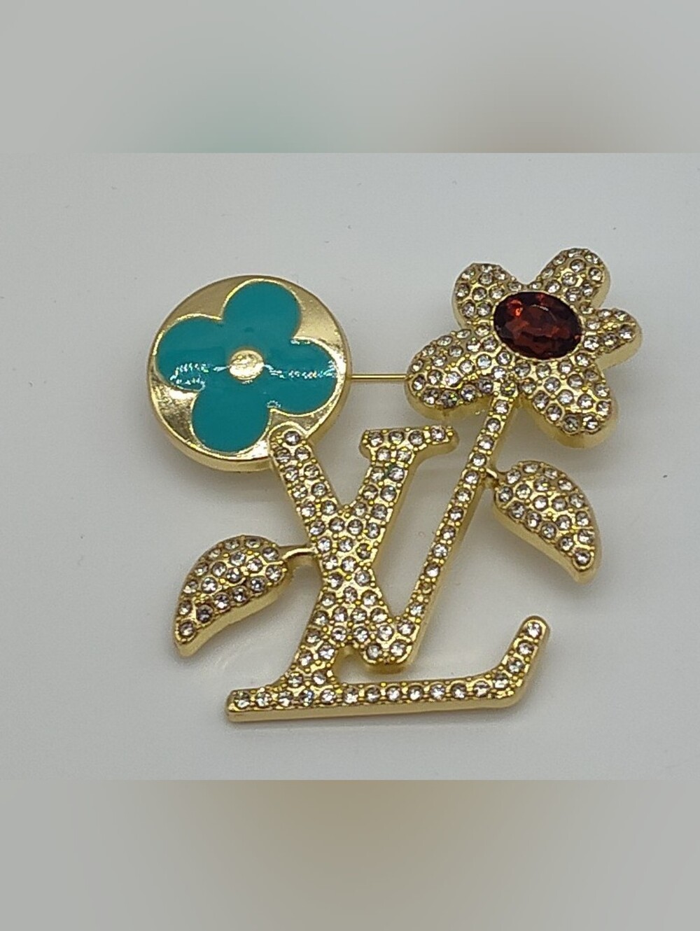 LOUIS VUITTON Crystal LV Flower Brooch GoldTone Turquoise Red Zipper Hardware